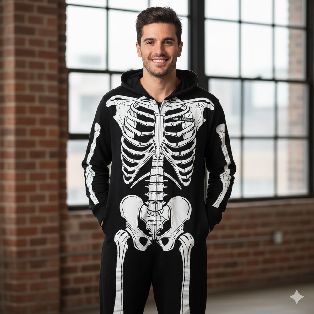 Rubies Skeleton Comfywear Jumpsuit Mens XL Black Full Zip‎ Hooded Costume
